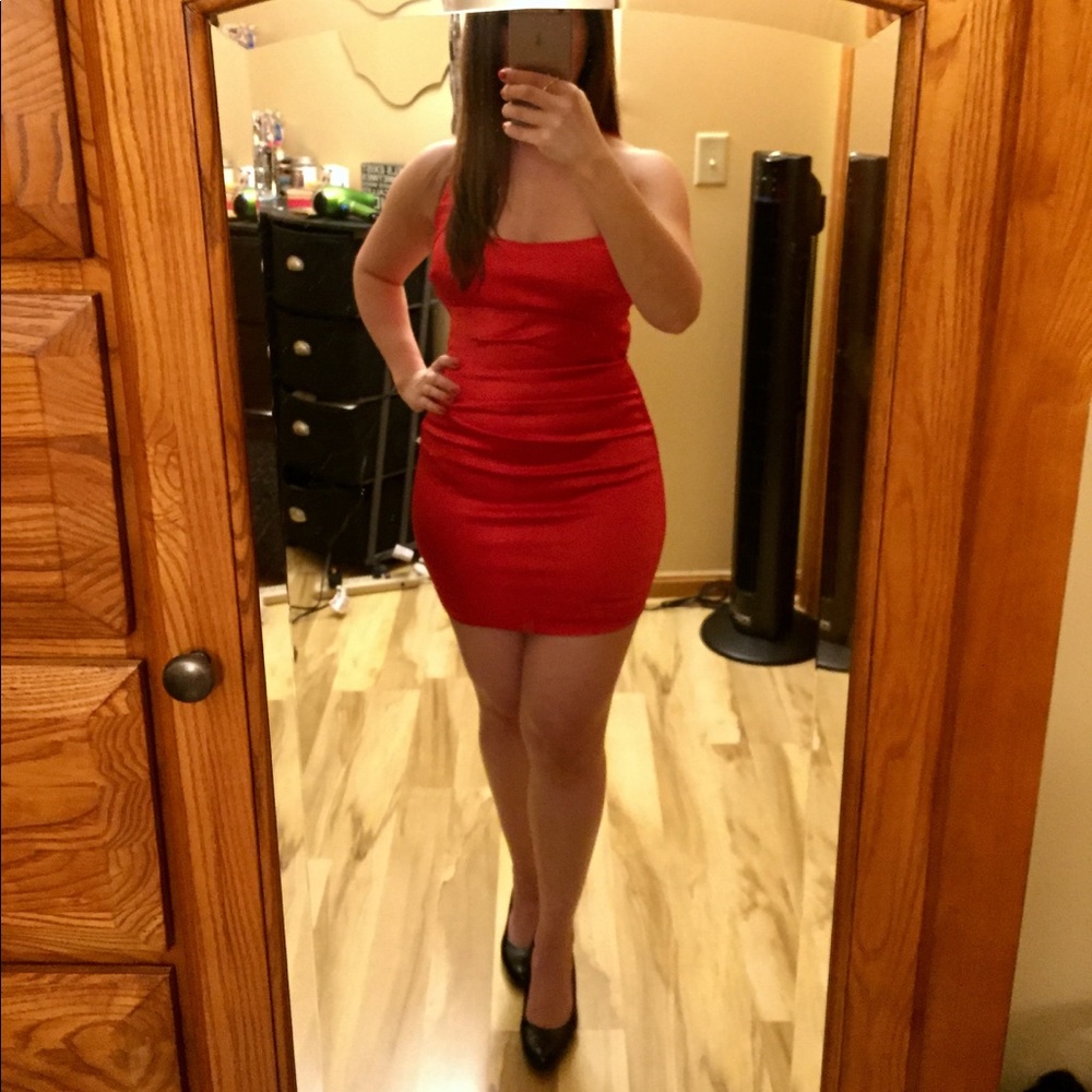 Cache Cocktail Satin Halter Top Dress Red